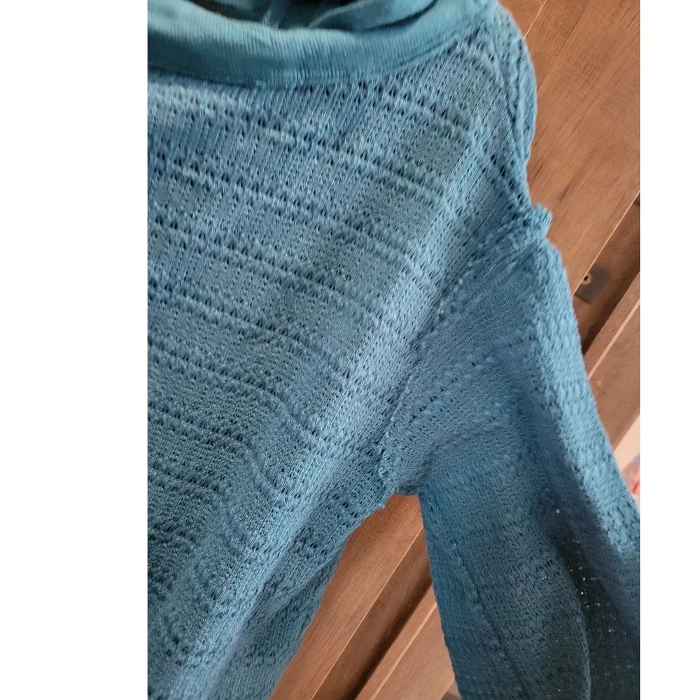 Free People Teal Blue Textured Pointelle Knit Pullover Top XS OB967835